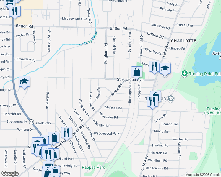 map of restaurants, bars, coffee shops, grocery stores, and more near 74 Stone Road in Rochester