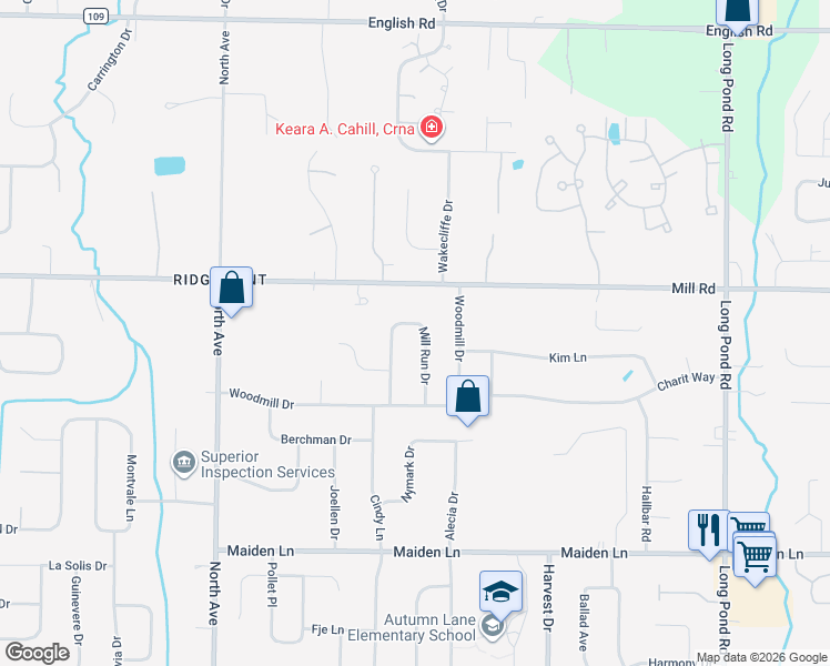 map of restaurants, bars, coffee shops, grocery stores, and more near 171 Mill Run Drive in Rochester