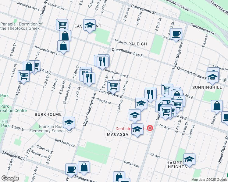 map of restaurants, bars, coffee shops, grocery stores, and more near 235 East 33rd Street in Hamilton
