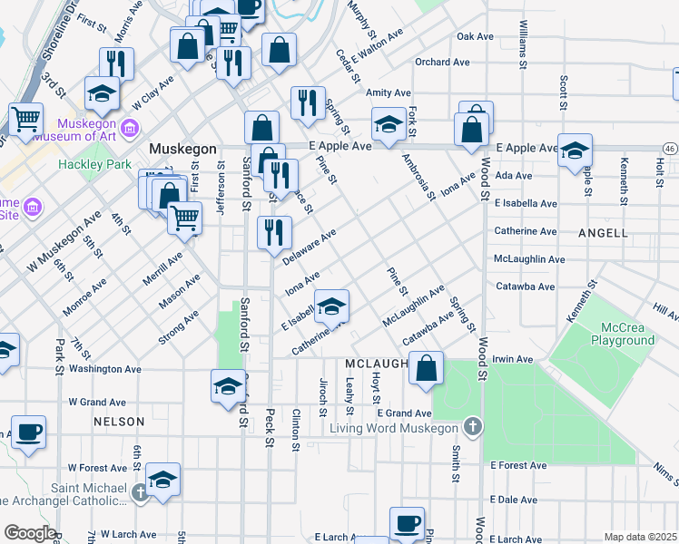 map of restaurants, bars, coffee shops, grocery stores, and more near 1231 Terrace Street in Muskegon