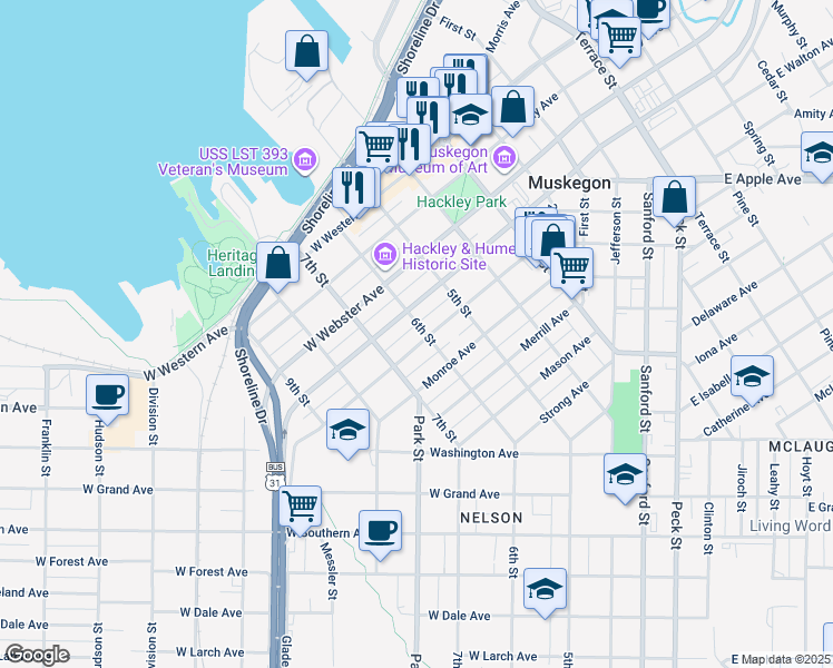 map of restaurants, bars, coffee shops, grocery stores, and more near 1221 6th Street in Muskegon