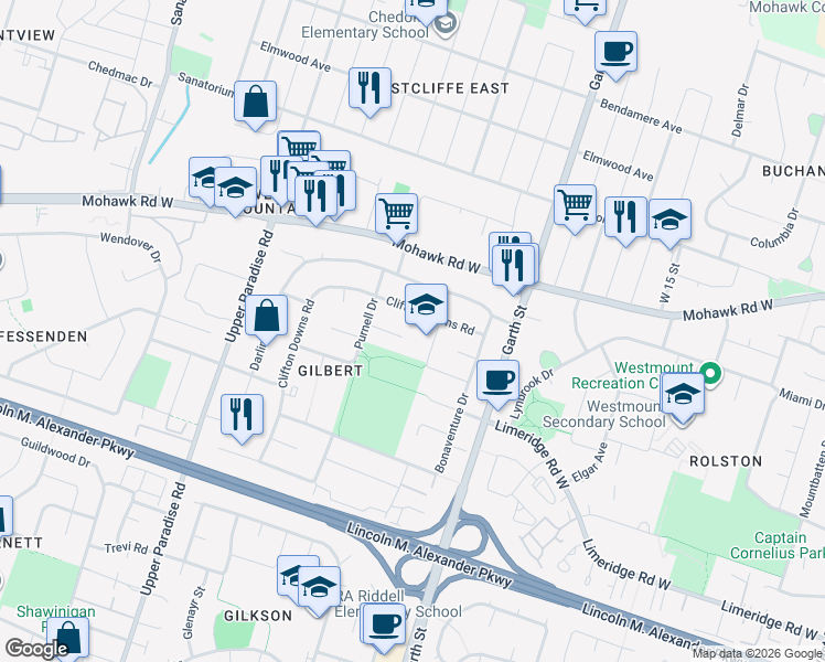 map of restaurants, bars, coffee shops, grocery stores, and more near 35 Ferrino Court in Hamilton