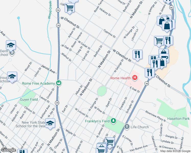 map of restaurants, bars, coffee shops, grocery stores, and more near 1406 North Madison Street in Rome