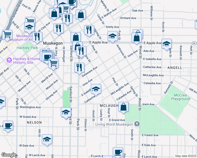map of restaurants, bars, coffee shops, grocery stores, and more near 1231 Terrace Street in Muskegon