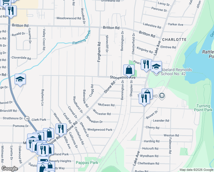 map of restaurants, bars, coffee shops, grocery stores, and more near 74 Stone Road in Rochester