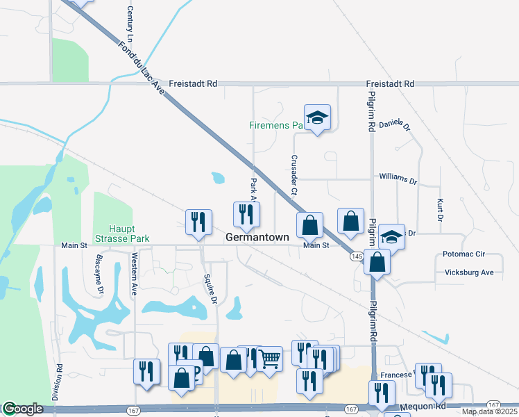 map of restaurants, bars, coffee shops, grocery stores, and more near W162N11670 Park Avenue in Germantown