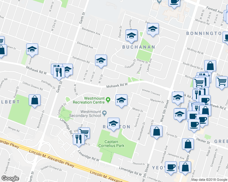 map of restaurants, bars, coffee shops, grocery stores, and more near 10 Southlea Drive in Hamilton