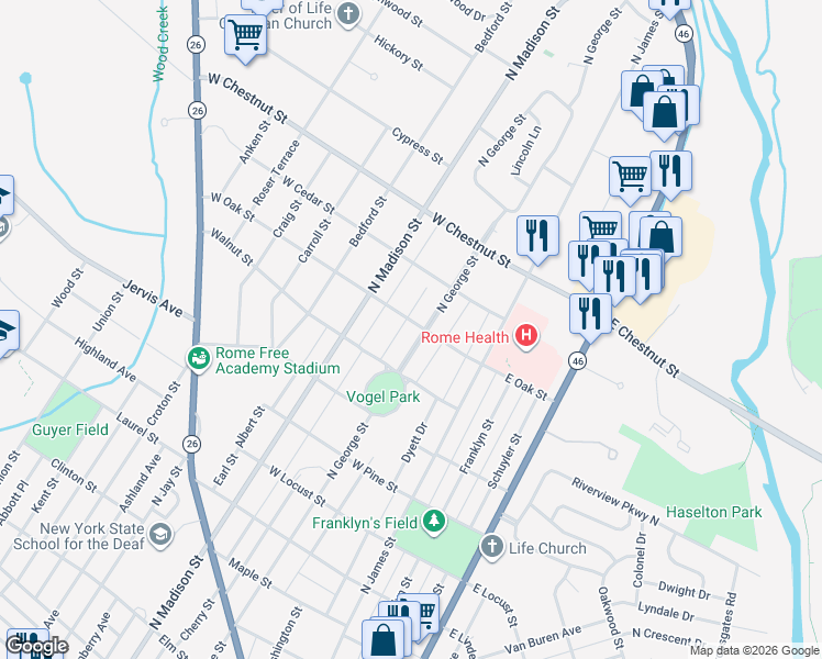 map of restaurants, bars, coffee shops, grocery stores, and more near 1413 North George Street in Rome