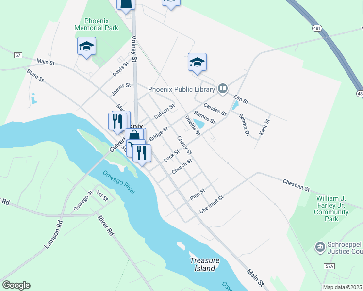 map of restaurants, bars, coffee shops, grocery stores, and more near 39 County Route 12 in Phoenix