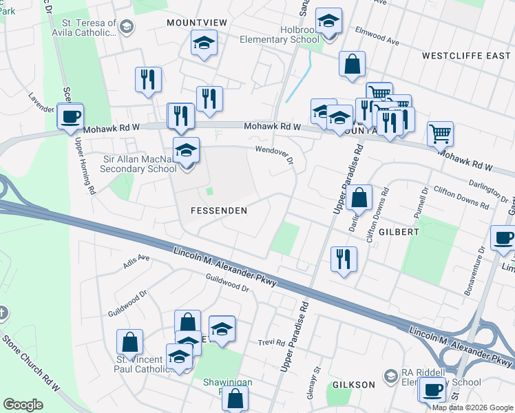 map of restaurants, bars, coffee shops, grocery stores, and more near 102 Appleford Road in Hamilton