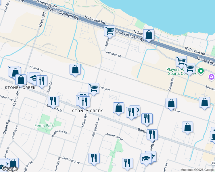 map of restaurants, bars, coffee shops, grocery stores, and more near 415 Arvin Avenue in Hamilton