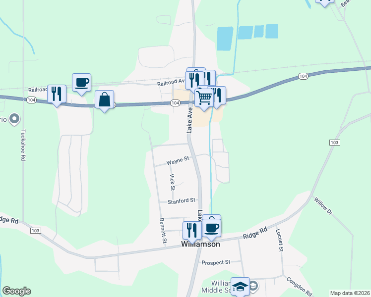 map of restaurants, bars, coffee shops, grocery stores, and more near 6345 Lake Avenue in Williamson