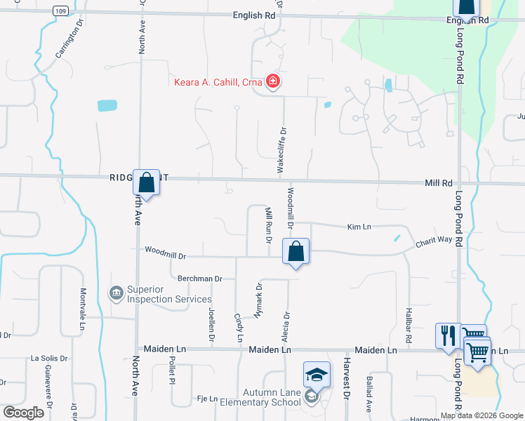 map of restaurants, bars, coffee shops, grocery stores, and more near 171 Mill Run Drive in Rochester