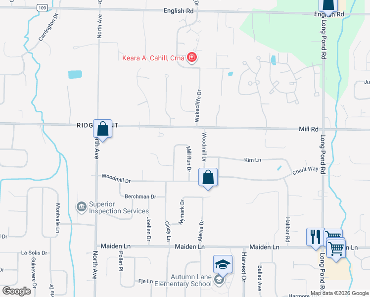map of restaurants, bars, coffee shops, grocery stores, and more near 171 Mill Run Drive in Rochester