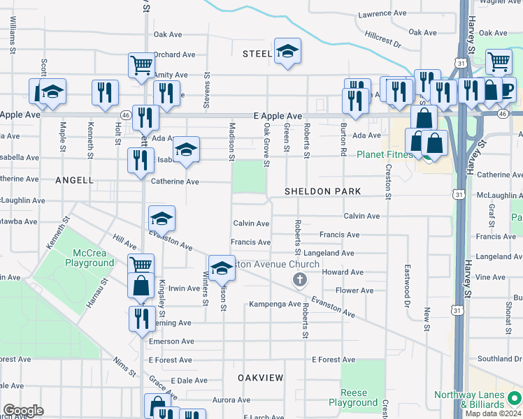 map of restaurants, bars, coffee shops, grocery stores, and more near 1097 McLaughlin Avenue in Muskegon
