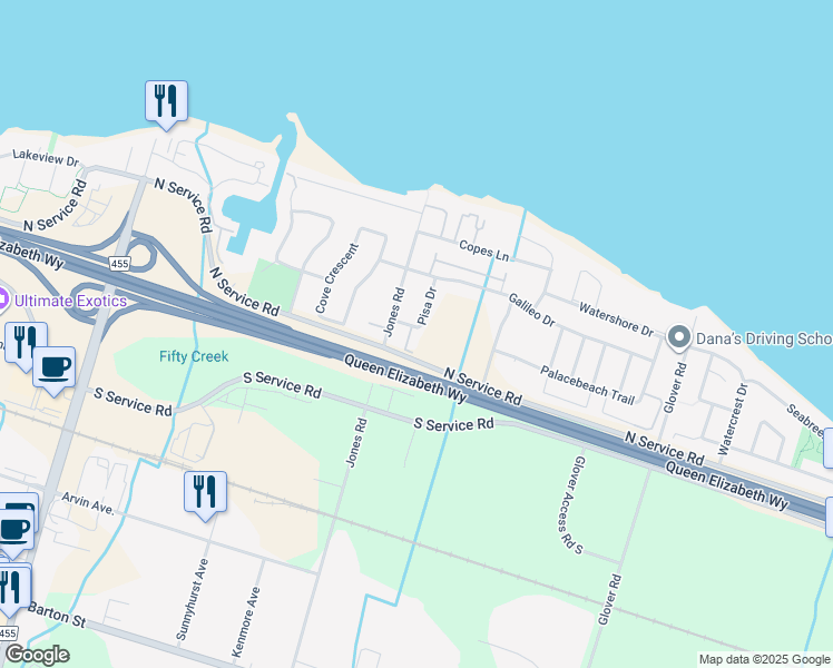 map of restaurants, bars, coffee shops, grocery stores, and more near 9 Pisa Drive in Hamilton