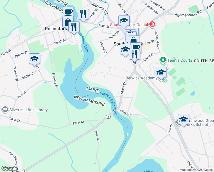 map of restaurants, bars, coffee shops, grocery stores, and more near 87 Main Street in South Berwick