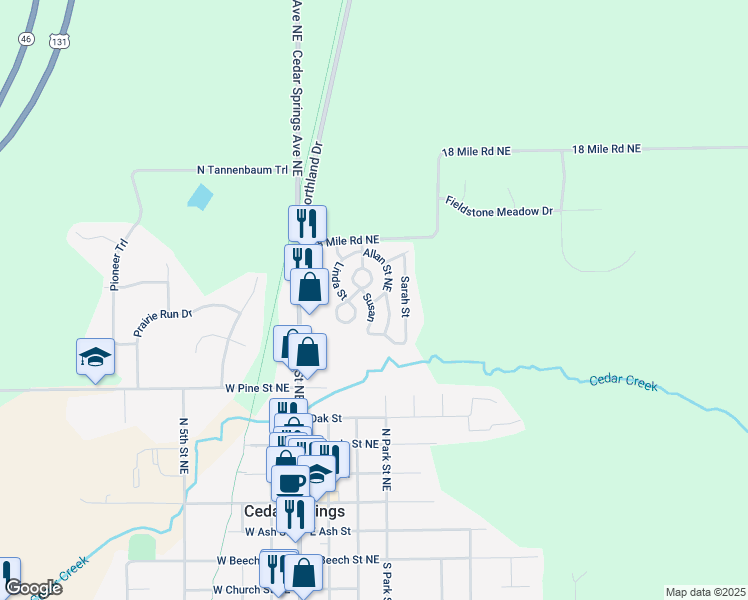 map of restaurants, bars, coffee shops, grocery stores, and more near 366 South Susan Street Northeast in Cedar Springs