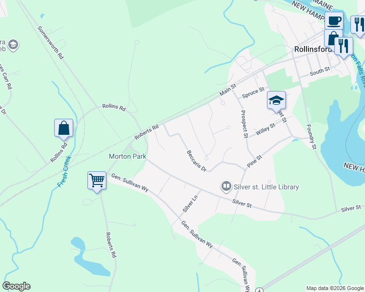 map of restaurants, bars, coffee shops, grocery stores, and more near 435 Beccaris Drive in Rollinsford