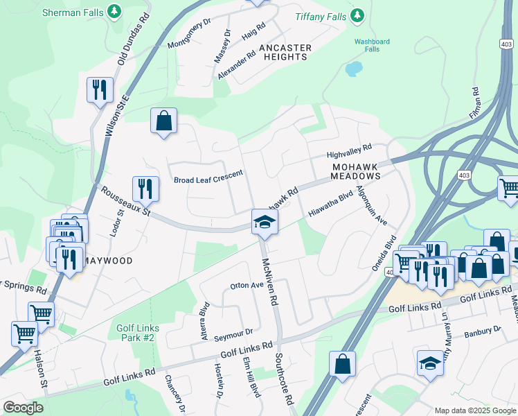 map of restaurants, bars, coffee shops, grocery stores, and more near 175 Lime Kiln Road in Hamilton