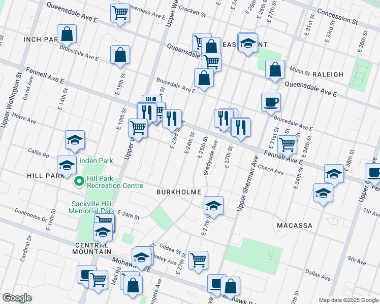 map of restaurants, bars, coffee shops, grocery stores, and more near 285 East 24th Street in Hamilton