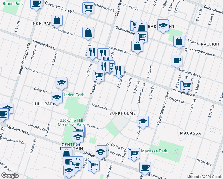 map of restaurants, bars, coffee shops, grocery stores, and more near 368 East 22nd Street in Hamilton