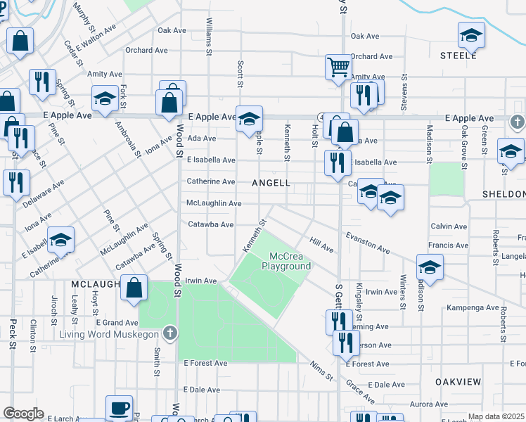 map of restaurants, bars, coffee shops, grocery stores, and more near 609 McLaughlin Avenue in Muskegon