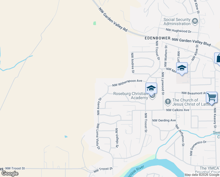 map of restaurants, bars, coffee shops, grocery stores, and more near 2355 Northwest Witherspoon Avenue in Roseburg