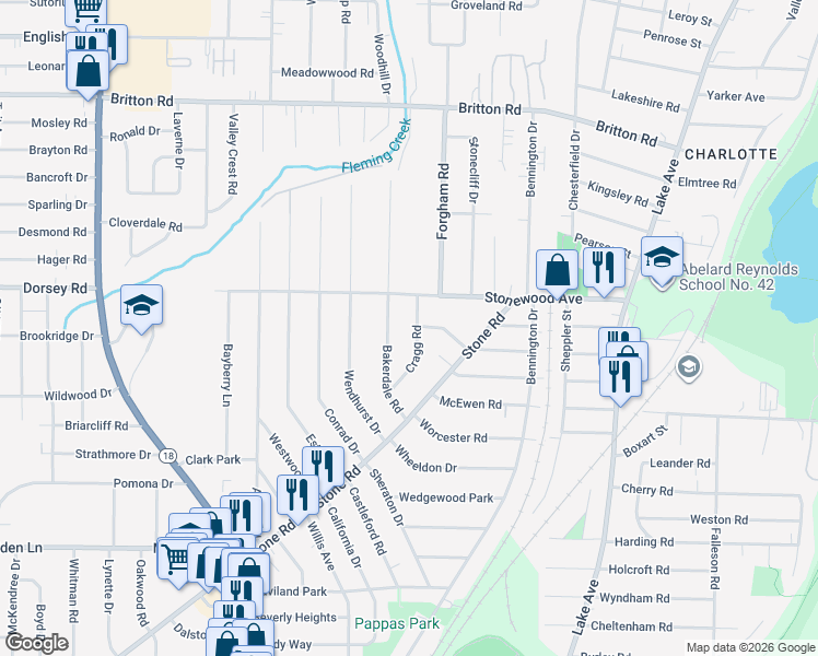 map of restaurants, bars, coffee shops, grocery stores, and more near 67 Surrey Road in Rochester