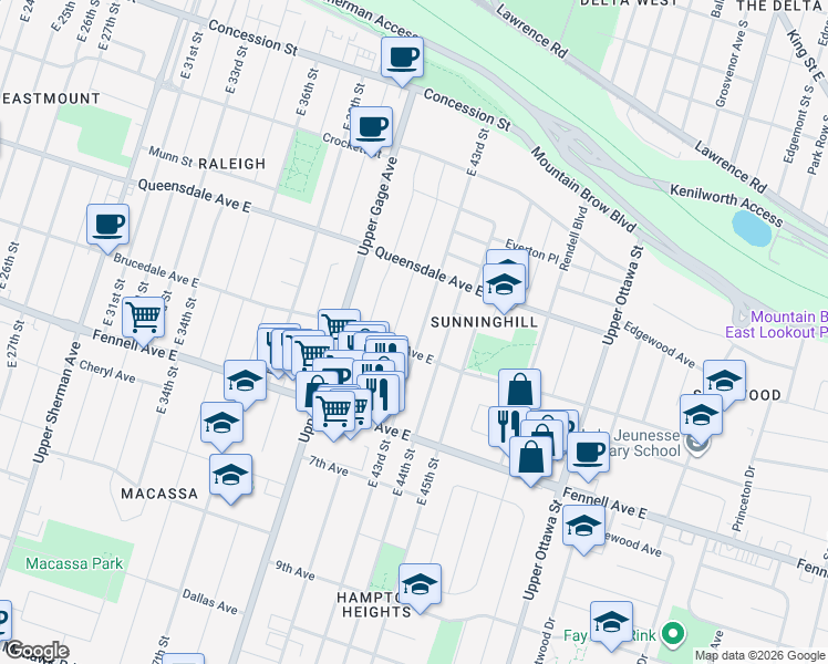 map of restaurants, bars, coffee shops, grocery stores, and more near 173 East 43rd Street in Hamilton