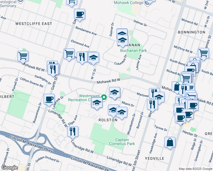 map of restaurants, bars, coffee shops, grocery stores, and more near 10 Southlea Drive in Hamilton