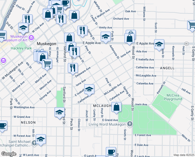 map of restaurants, bars, coffee shops, grocery stores, and more near 190 East Isabella Avenue in Muskegon