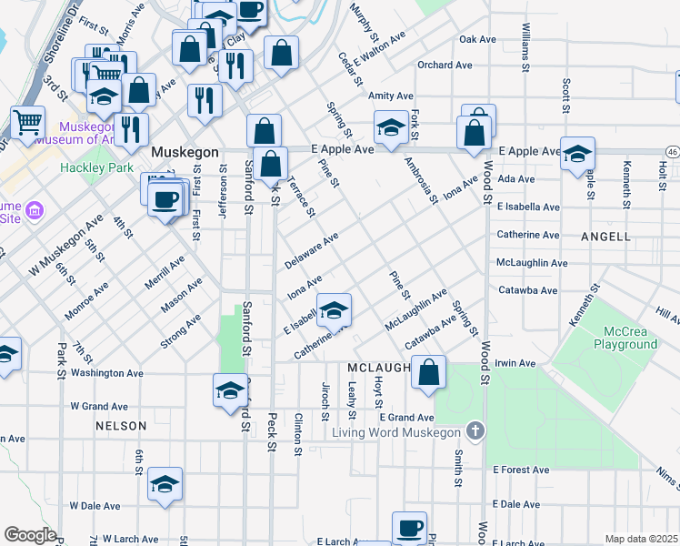 map of restaurants, bars, coffee shops, grocery stores, and more near 1231 Terrace Street in Muskegon