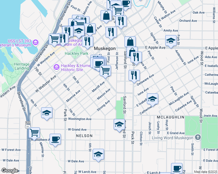 map of restaurants, bars, coffee shops, grocery stores, and more near 209 Merrill Avenue in Muskegon