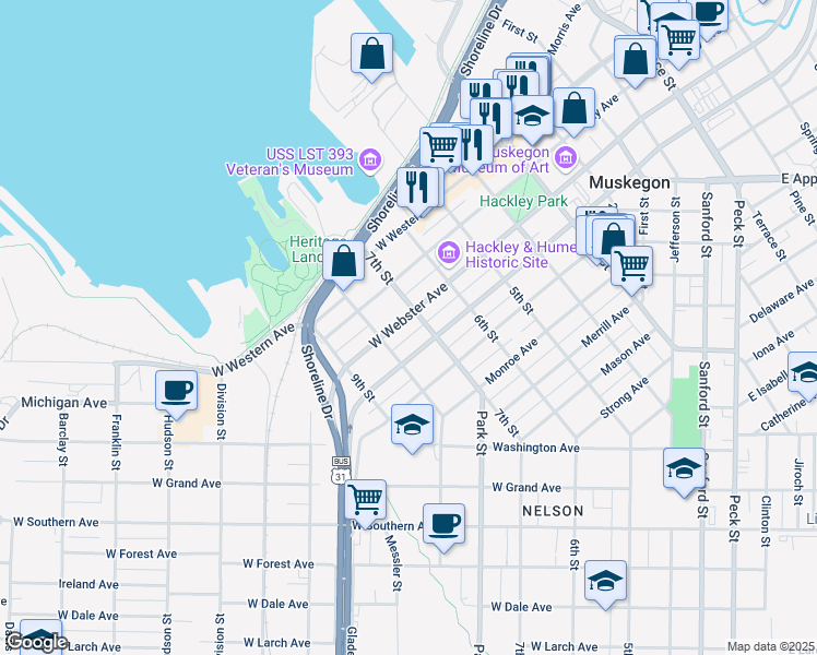 map of restaurants, bars, coffee shops, grocery stores, and more near in Muskegon