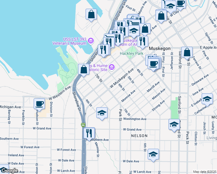 map of restaurants, bars, coffee shops, grocery stores, and more near 506 West Muskegon Avenue in Muskegon