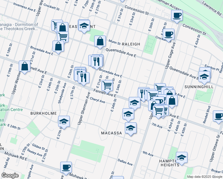 map of restaurants, bars, coffee shops, grocery stores, and more near 235 East 33rd Street in Hamilton