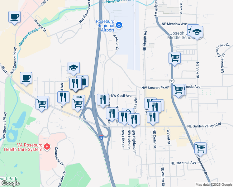 map of restaurants, bars, coffee shops, grocery stores, and more near 1688 Northwest Eden Street in Roseburg