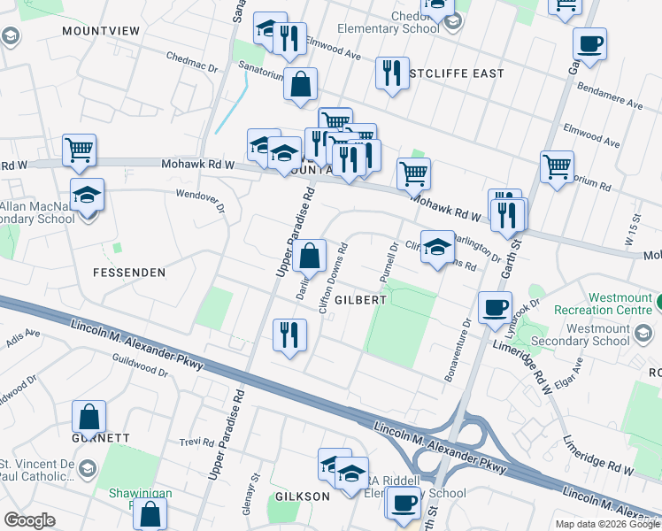 map of restaurants, bars, coffee shops, grocery stores, and more near 150 Clifton Downs Road in Hamilton