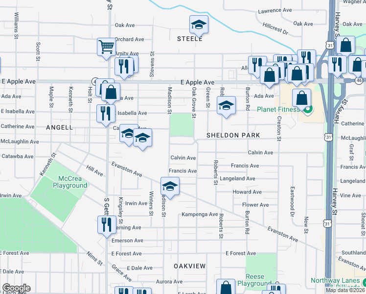 map of restaurants, bars, coffee shops, grocery stores, and more near 1097 McLaughlin Avenue in Muskegon