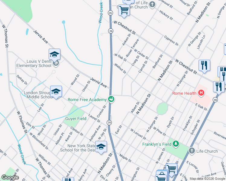 map of restaurants, bars, coffee shops, grocery stores, and more near 608 West Sycamore Street in Rome