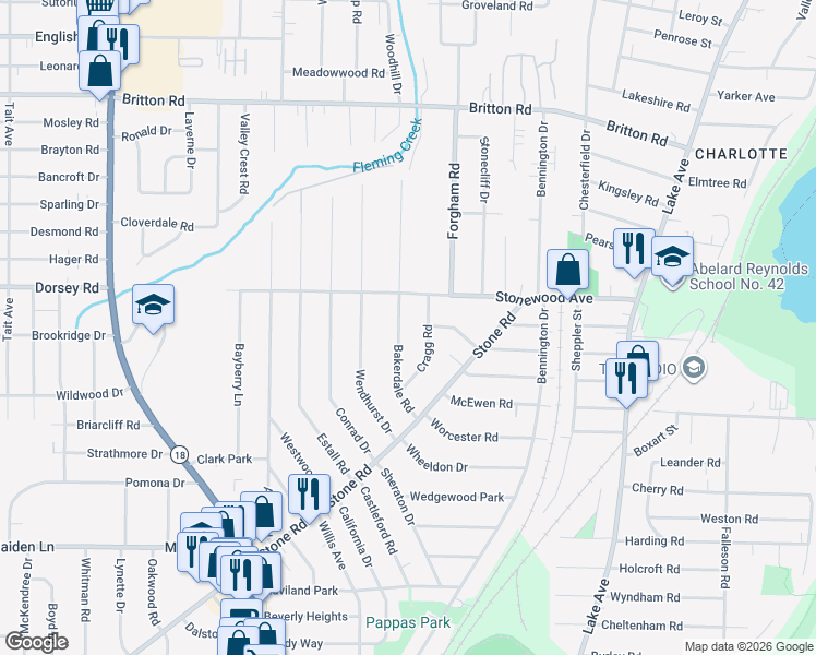 map of restaurants, bars, coffee shops, grocery stores, and more near 133 Bakerdale Road in Rochester