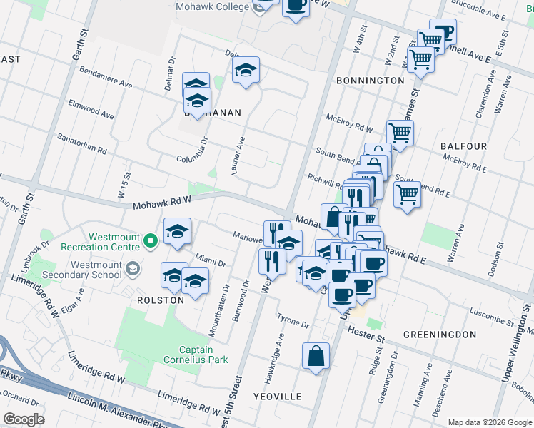 map of restaurants, bars, coffee shops, grocery stores, and more near 91 Mohawk Road West in Hamilton