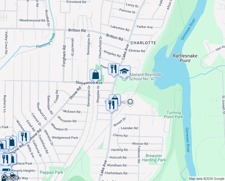 map of restaurants, bars, coffee shops, grocery stores, and more near Lake Avenue & Winans Street in Rochester