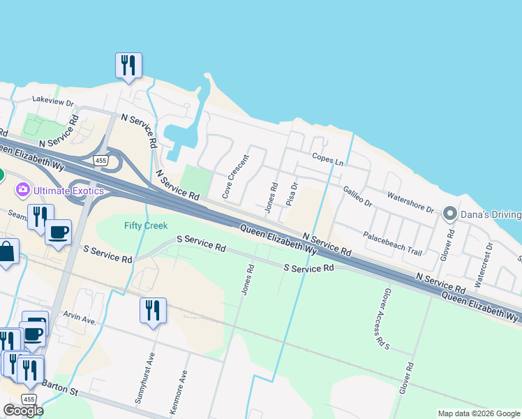 map of restaurants, bars, coffee shops, grocery stores, and more near 455 Jones Road in Hamilton