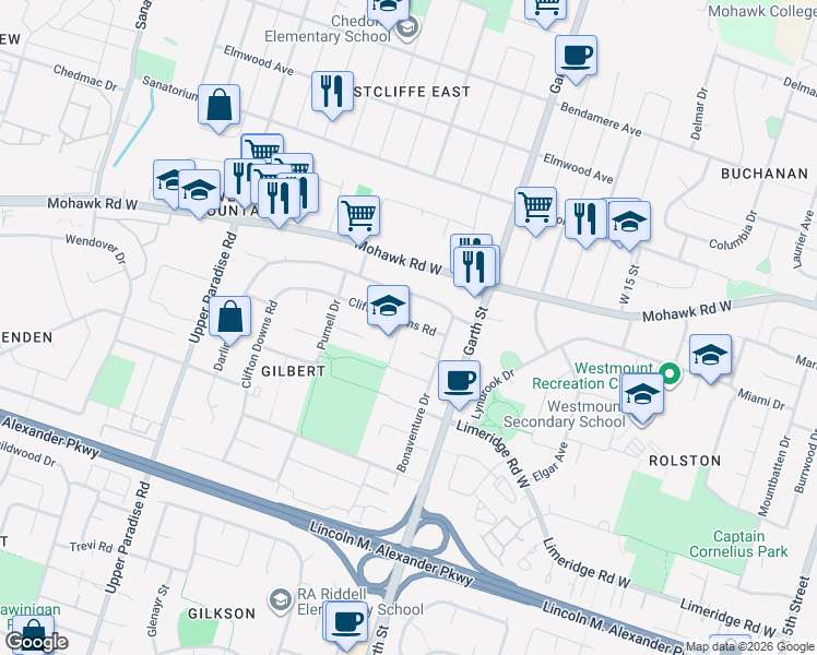 map of restaurants, bars, coffee shops, grocery stores, and more near 15 Clifton Downs Road in Hamilton