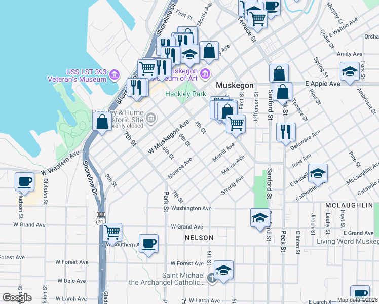 map of restaurants, bars, coffee shops, grocery stores, and more near 1225 5th Street in Muskegon