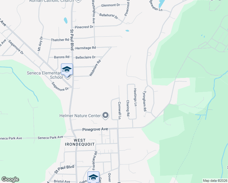 map of restaurants, bars, coffee shops, grocery stores, and more near 181 Cornwall Lane in Rochester