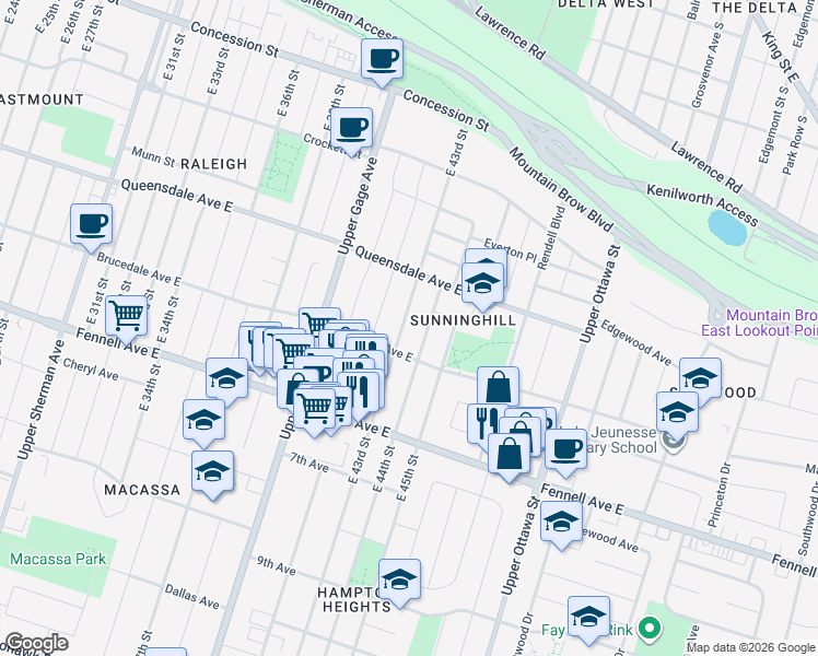 map of restaurants, bars, coffee shops, grocery stores, and more near 173 East 43rd Street in Hamilton