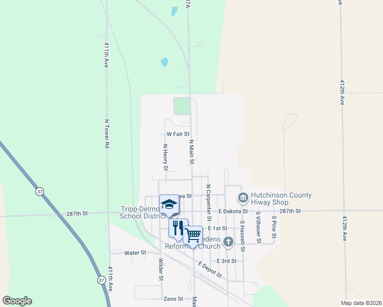 map of restaurants, bars, coffee shops, grocery stores, and more near North Main Street in Tripp